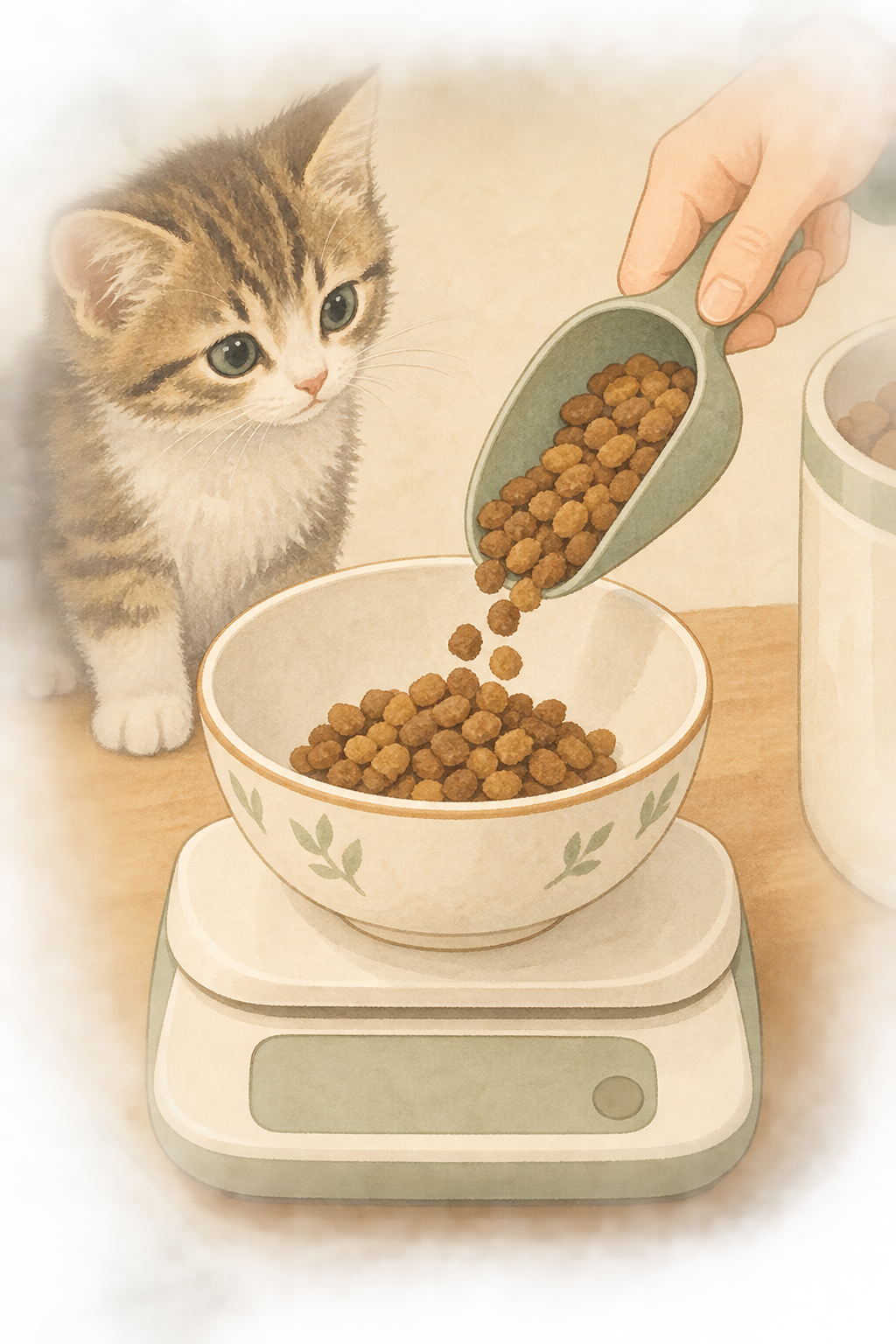キッチンスケールを用いて子猫用のドライフードを正確に計量する様子