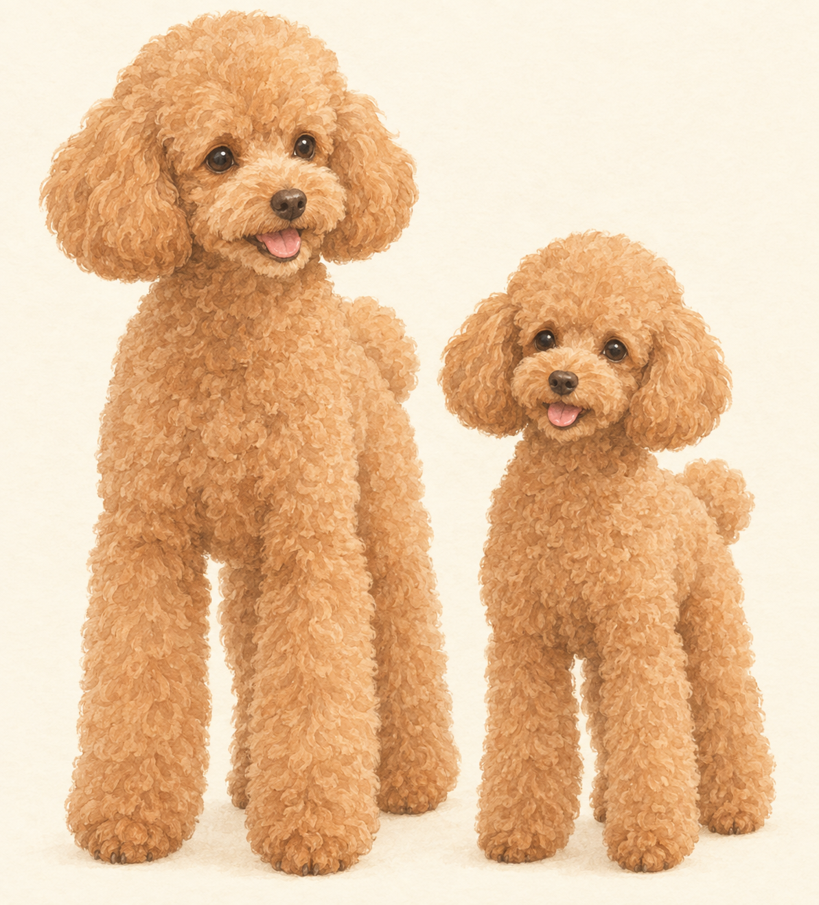 ミニチュアプードル(左)とトイプードル(右)を並べ、成犬時の体格差を比較したイラスト