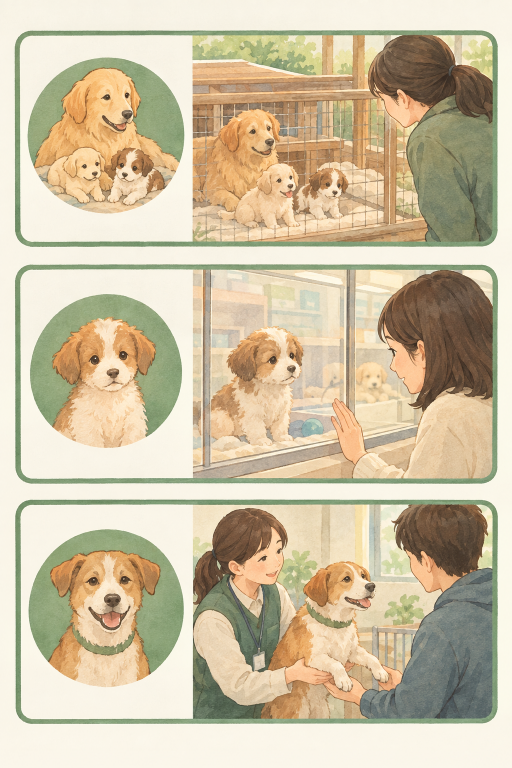 ブリーダー・ペットショップ・譲渡という子犬の入手経路3つを縦に並べ、それぞれ会える相手と確認できる場面を示した図