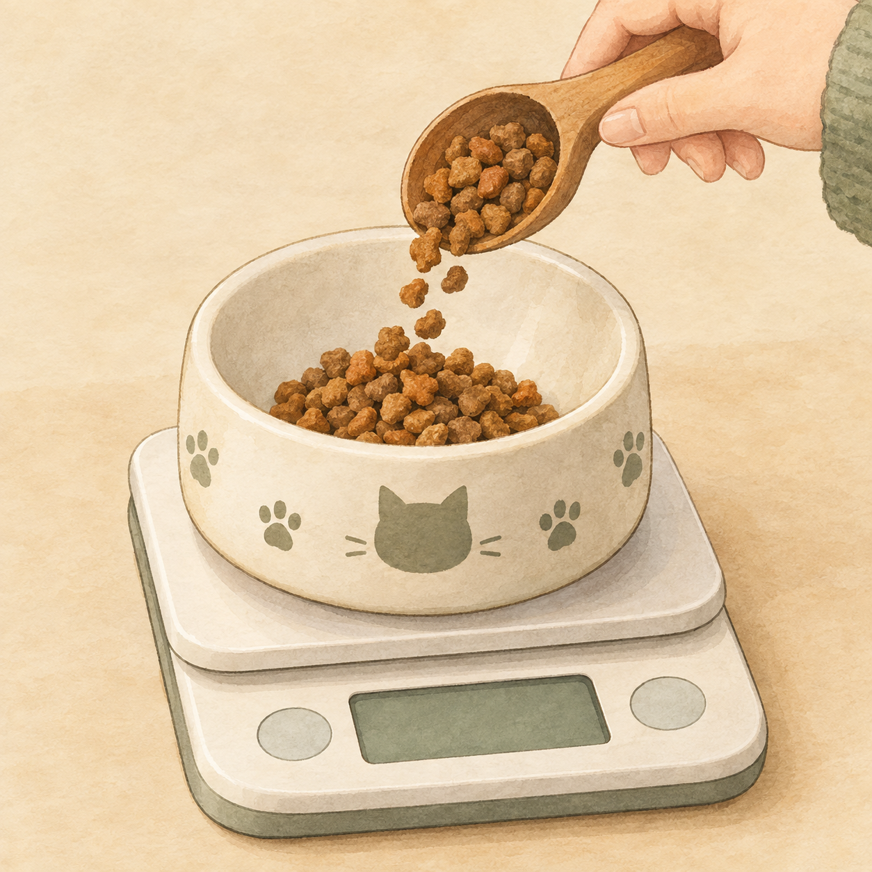 デジタルキッチンスケールの上にフードボウルを載せ、キャットフードの給与量を正確に計量している様子