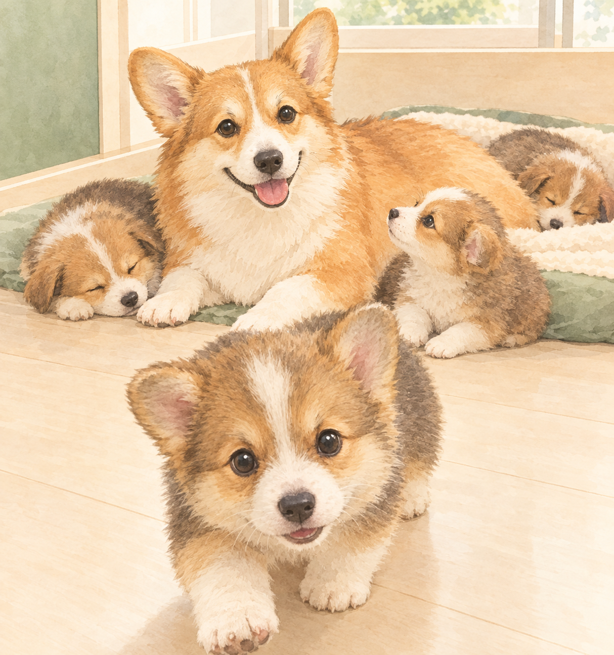 親犬のそばで子犬たちが過ごす飼育スペースを見学する様子のイラスト