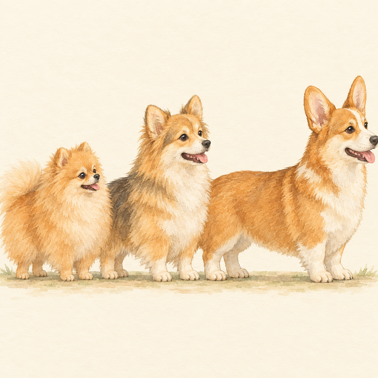 ポメラニアン、ポメコーギー、コーギーの成犬を並べて体格と体型を比べたイラスト