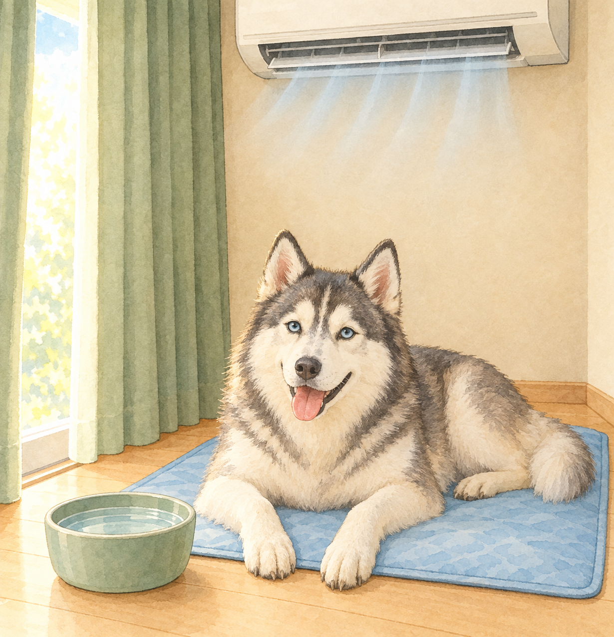 冷房の効いた室内で冷却マットの上に伏せるシベリアンハスキー。そばに水入れがあり、窓はカーテンで日差しを遮っている