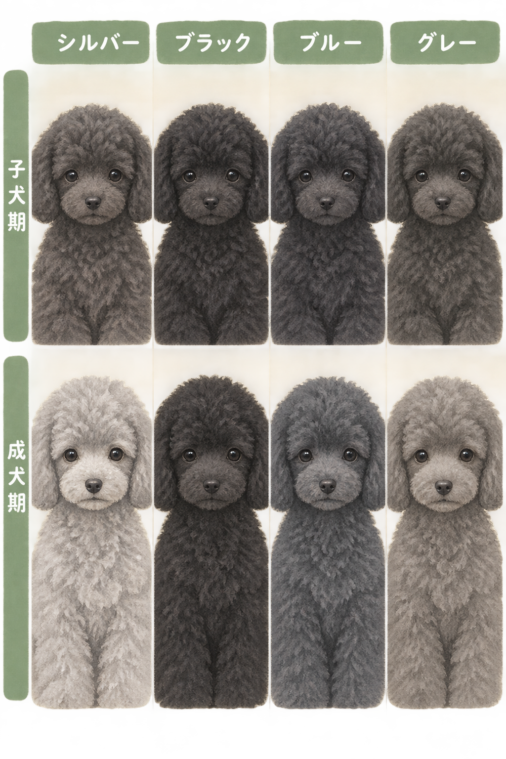 シルバー・ブラック・ブルー・グレーのトイプードルを子犬期と成犬期で並べた比較イラスト。子犬期はどれも濃い色で見分けにくく、成犬期はシルバーが最も明るくなる。